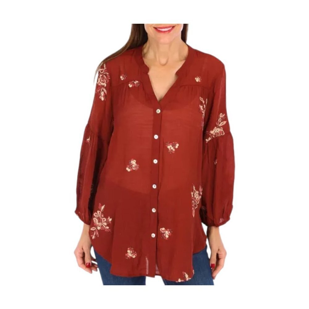 Fig and Flower Floral Embroidered Blouse Button Front Burgundy